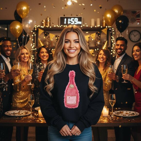 2026 Pink Champagne Faux yarn Glitter Graphic Shirt - Picture 5 of 6